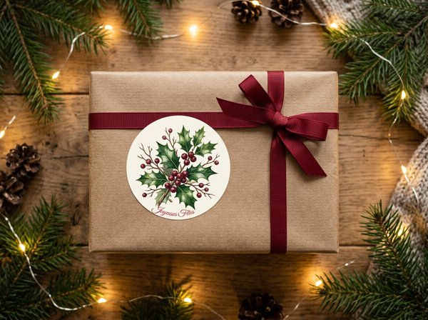 Étiquette ronde Joyeuses Fêtes sur un paquet cadeau